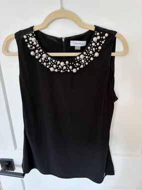 Calvin Klein Black Sleeveless Pearl-Embellished Top